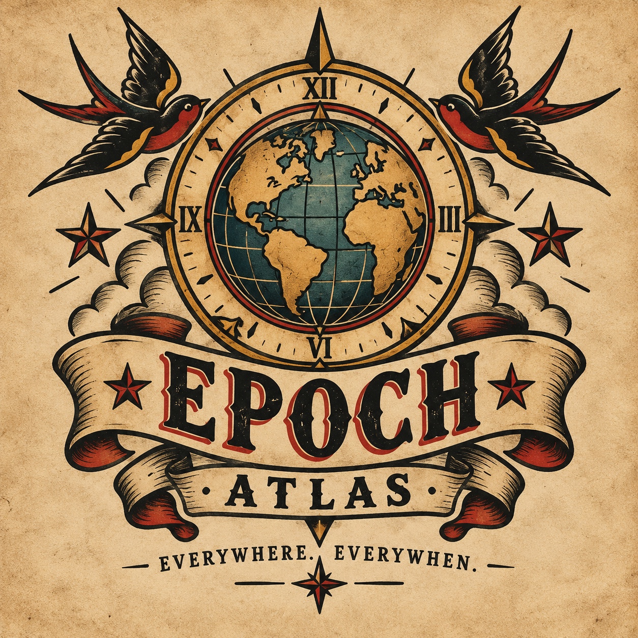 Epoch Atlas globe and clock emblem